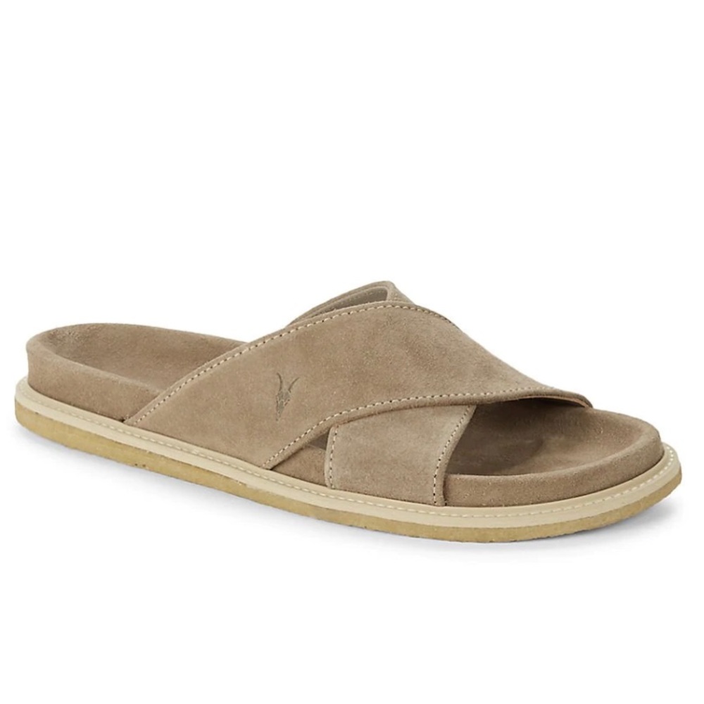 Allsaints Elliot Suede Slides Sandals Taupe Slip On Criss Cross Strap Cushioned